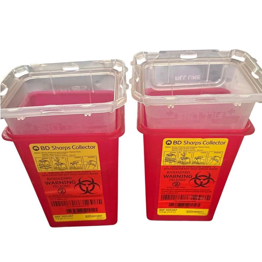 Lot of 2 BD Sharps Collector 1.5 Quart Red Biohazard Needle Disposal REF 305487